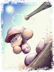  1boy baseball_(sport) baseball_bat baseball_helmet baseball_uniform commentary_request floating floating_object glowing glowing_eyes helmet jikkyou_powerful_pro_yakyuu jikkyou_powerful_pro_yakyuu_(style) multicolored_shirt multicolored_shoes nekomarunko no_mouth playing_sports power_pro-kun purple_eyes rayman_limbs red_shirt red_shoes sanpaku shirt shoes solo sportswear sun throwing two-tone_shoes white_shirt white_shoes 
