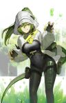  1girl :q absurdres arknights arknights:_endfield black_bodysuit black_gloves bodysuit breasts claw_pose commentary_request covered_navel fingerless_gloves fluorite_(arknights) gloves green_eyes green_hair hair_between_eyes hands_up haro_(har_illust) highres hood hood_up hooded_shrug long_hair looking_at_viewer ponytail shrug_(clothing) smile snake_girl snake_tail solo tail tongue tongue_out 