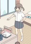  1girl :d bed blue_bra bra brown_hair chair collared_shirt commentary_request curtains day desk dress_shirt folded_clothes grey_shorts grey_skirt gym_shirt gym_shorts gym_uniform hand_on_own_hip indoors juukyuu no_shoes original outstretched_arm pencil_case pleated_skirt pointing school_uniform shirt short_sleeves shorts skirt smile socks solid_circle_eyes solo standing twintails underwear unworn_bra unworn_shirt unworn_shorts v-shaped_eyebrows white_shirt white_socks window wooden_floor 