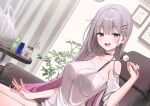  1girl bag bare_shoulders black_bra blush bottle bra bra_visible_through_clothes breasts carrot_hair_ornament clothes_writing commentary_request couch curtains dutch_angle fingernails food-themed_hair_ornament gradient_hair grey_hair hair_ornament hairclip holding indoors lap_pillow_invitation large_breasts long_hair looking_at_viewer mimikaki multicolored_hair nail_polish off-shoulder_shirt off_shoulder on_couch open_mouth original parallel_hairclips picture_frame pink_hair pink_nails plant plastic_bag potted_plant rabbit_hair_ornament rangu see-through_cleavage see-through_clothes see-through_shirt shirt sitting smile solo straight_hair t-shirt table underwear underwear_writing usagyaru_(rangu) white_shirt 