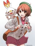  1girl artist_name bag brown_bag brown_eyes brown_hair buck_teeth cable_knit cardigan commentary_request dress gloria_(pokemon) green_hat grey_cardigan hat holding holding_poke_ball hood hooded_cardigan multicolored_fur on_shoulder pink_dress poke_ball pokemon pokemon_(creature) pokemon_on_shoulder scorbunny swept_bangs tam_o'_shanter teeth white_background yuu_(mwms4882) 