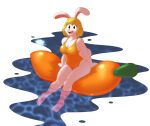  absurd_res anthro big_breasts blonde_hair breasts carrot_(one_piece) clothed clothing digital_media_(artwork) dripping female floatie fur hair hi_res lagomorph leporid looking_at_viewer mammal minkmen_(one_piece) one_piece open_mouth outside rabbit seaside simple_background smile solo strobe-totem_(artist) swimwear water wet white_body white_fur 