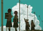  4girls bag black_hair black_socks blue_sky brown_hair cable cloud collar commentary double_bun english_commentary facing_another grey_jacket hair_bun headband highres iwakura_lain jacket katou_juri_(serial_experiments_lain) leggings long_hair looking_at_another mizuki_alice multiple_girls oisiiidoo pleated_skirt school_bag school_uniform serial_experiments_lain short_hair skirt sky socks utility_pole v white_collar yamamoto_reika 