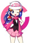  1girl ;d absurdres beanie black_shirt blue_eyes cowboy_shot dawn_(pokemon) hat highres holding holding_poke_ball offbeat one_eye_closed pink_skirt pointing poke_ball poke_ball_(basic) pokemon scarf shirt simple_background skirt sleeveless sleeveless_shirt smile solo white_background 