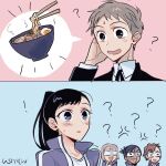  ! 1boy 4girls ? absurdres anger_vein black_hair blue_background blush brown_eyes brown_hair chopsticks commentary_request food hand_on_own_head hetero highres iwasaki_rio jacket long_hair meino_(usmtw) multiple_girls nishiwaki_yuuko noodles open_mouth persona persona_3 persona_3_portable pink_background ponytail ramen shiomi_kotone short_hair simple_background smile spoken_food tomochika_kenji upper_body 