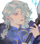  1boy braid earrings hair_over_one_eye highres holding holding_paintbrush hwei_(league) jewelry league_of_legends looking_ahead male_focus mzy_junior oversized_object paintbrush parted_lips sparkle white_background white_hair winterblessed_hwei 