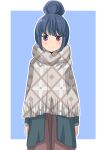  1girl blue_background blue_hair blue_jacket blush border brown_dress closed_mouth commentary dress grey_border hair_bun highres huge_hair_bun jacket long_sleeves looking_at_viewer official_style purple_eyes riokasen shima_rin simple_background single_hair_bun smile solo straight-on upper_body yurucamp 