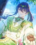  1boy backlighting belt black_belt blue_sky blurry blurry_foreground brooch brown_gloves circlet closed_mouth cloud commentary_request dutch_angle earrings ensemble_stars! fake_pointy_ears fingerless_gloves flower flower_brooch flower_earrings foreshortening frilled_jacket frilled_sleeves frills from_below gem gloves gold_circlet gold_trim green_sash hair_between_eyes hair_intakes high_collar highres jacket jewelry kanzaki_souma leaf leaf_brooch lens_flare light_particles light_rays lily_of_the_valley long_hair looking_at_viewer male_focus mismatched_earrings official_alternate_costume pearl pink_flower ponytail purple_eyes purple_hair reaching reaching_towards_viewer ruriruri772 sash single_sidelock sky smile solo upper_body white_jacket 