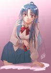  1girl ahoge blue_hair blue_skirt bow bowtie box breasts chidori_kaname closed_mouth commentary cowboy_shot full_metal_panic! gift gift_box highres holding holding_gift jacket jindai_high_school_uniform lapels long_hair looking_at_viewer medium_breasts miniskirt notched_lapels official_artist_extra open_clothes open_jacket parted_bangs purple_background red_bow red_bowtie red_eyes school_uniform shikidouji shirt shirt_tucked_in signature simple_background skirt smile solo standing valentine watermark white_jacket white_shirt 
