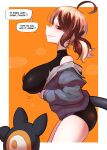  1girl absurdres ahoge alternate_breast_size_(larger) ass bags_under_eyes black_shirt blonde_hair blue_jacket border breasts brown_hair covered_nipples english_text eranahh from_side gigi_murin highres hololive hololive_english huge_breasts jacket looking_at_viewer multicolored_hair orange_background outside_border parody photo-referenced pink_eyes shirt short_hair simple_background sleeveless sleeveless_turtleneck solo steaming_body streaked_hair sweat tail turtleneck twintails twitter_username two-tone_hair virtual_youtuber white_border 