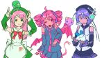  3girls ahoge apron belt beret black_hat black_sleeves blue_shirt blue_skirt blue_sleeves bow bowtie cloudlymee collared_apron color_connection crossover detached_sleeves dress drill_hair flowertchi green_dress green_hat green_sleeves hair_ornament hairclip hat hat_writing headphones highres kasane_teto kasane_teto_(utau) kuchipatchi long_hair mimichi momone_momo multiple_girls necktie number_tattoo pink_belt pink_hair pink_trim pink_wings pocket purple_hair purple_necktie purple_trim red_bow red_bowtie red_hair red_trim ribbon-trimmed_thighhighs ribbon_trim shirt short_hair skirt sleeve_bow sleeveless sleeveless_shirt tamagotchi tamagotchi_(creature) tattoo thighhighs twin_drills utane_uta utau white_apron wings 