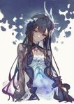  1girl absurdres black_hair black_shrug blue_eyes breasts closed_mouth commentary_request earrings expressionless hair_ornament highres honkai:_star_rail honkai_(series) hysilens_(honkai:_star_rail) jewelry long_hair looking_at_viewer medium_breasts pearl_earrings see-through_body see-through_clothes see-through_shrug shrug_(clothing) signature simple_background single_earring solo to_matomari upper_body very_long_hair 