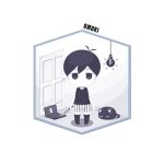  1boy antenna_hair black_eyes black_hair black_socks black_tank_top cat chibi chibi_only closed_mouth commentary_request computer copyright_name door double-parted_bangs expressionless floorplan hair_between_eyes highres holding holding_knife isometric kneehighs knife laptop light_bulb looking_at_viewer losno male_focus omori short_hair shorts simple_background socks solo something_(omori) standing striped_clothes striped_shorts sunny_(omori) tank_top vertical-striped_clothes vertical-striped_shorts white_background white_shorts 
