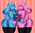  animal_humanoid anthro big_butt blue&#039;s_clues blue_(blue&#039;s_clues) blue_body blue_eyes blue_fur blush butt canid canine canis clothing digital_drawing_(artwork) digital_media_(artwork) domestic_dog duo female female/female fur genitals goth hi_res humanoid humanoid_genitalia legwear looking_at_viewer magenta_(blue&#039;s_clues) mammal nickelodeon pussy shaded smile stockings thick_thighs wide_hips 