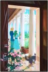  1boy 1girl aqua_pants blonde_hair blue_dress blue_shirt column_lineup dimitri_alexandre_blaiddyd dog dress european_architecture facing_away female_byleth_(awakened)_(fire_emblem) female_byleth_(fire_emblem) fire_emblem fire_emblem:_three_houses flower from_behind green_hair half_updo highres long_dress long_hair medium_hair open_door pants pink_flower pointing puffy_short_sleeves puffy_sleeves qiqi_llin shirt short_sleeves standing 