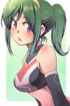  1girl absurdres akehoshi_setsuka black_shirt blush breasts cheerleader commentary_request crop_top detached_sleeves from_side green_hair hairband high_ponytail highres jikkyou_powerful_pro_yakyuu looking_at_viewer midriff multicolored_shirt navel nekomarunko official_alternate_hairstyle open_mouth ponytail power_pro_appli purple_eyes red_shirt shirt solo sparkle teeth upper_body white_shirt yellow_hairband 