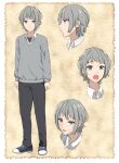  1boy absurdres black_pants commentary english_commentary full_body grey_hair grey_sweater highres male_focus multiple_expressions original pants reference_sheet shirt shoes sneakers solo sweater tetsuffy_(tetsulul) white_shirt 