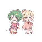  2girls armor blonde_hair boots bow bowtie brown_shoes cardigan chibi chibi_only commentary_request diagonal-striped_bow diagonal-striped_bowtie diagonal-striped_clothes dissidia_duellum_final_fantasy dissidia_final_fantasy dress earrings final_fantasy final_fantasy_vi green_hair grey_skirt hair_ornament hair_ribbon hairclip highres holding holding_phone holding_sword holding_weapon jewelry long_hair looking_at_another miniskirt multiple_girls official_alternate_costume parted_bangs phone pink_cardigan plaid_clothes plaid_skirt pleated_skirt ponytail purple_eyes red_boots red_dress red_ribbon ribbon sash school_uniform sesese_3110 shirt shoes shoulder_armor skirt socks striped_bow striped_bowtie striped_clothes sword terra_branford terra_branford_(school_cardigan) twitter_username waist_sash weapon white_background white_shirt white_socks 