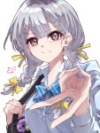  1girl absurdres bag bang_dream! bang_dream!_it's_mygo!!!!! black_bag blue_bow blue_bowtie blue_hair blue_shirt blush bow bowtie braid closed_mouth commentary_request gyaru gyaru_v highres long_hair nuruponnu school_uniform shirt shoulder_bag solo togawa_sakiko twin_braids v white_background 