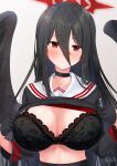  1girl bangs black_bra black_choker black_gloves black_hair black_serafuku black_wings blue_archive blush bra breasts choker cleavage eyebrows_visible_through_hair feathered_wings gloves grey_background hair_between_eyes hasumi_(blue_archive) highres large_breasts long_hair long_sleeves looking_at_viewer mole mole_under_eye open_clothes open_shirt red_eyes sailor_collar school_uniform serafuku shionootsu signature simple_background smile solo underwear upper_body very_long_hair white_sailor_collar wings 