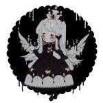 1girl absurdres accurate_lolita_coord angel_wings animal_print black_butterfly blush_stickers border bow bowtie bug butterfly butterfly_bow butterfly_print candelilla_(littlebluemuffin) candle candle_on_head candle_wax candlelight candlestand circle commentary dress dripping english_commentary feathered_wings fire gothic_lolita hair_bow hair_ornament highres holding holding_candlestand lace_trim littlebluemuffin lolita_fashion long_hair long_sleeves original very_long_hair white_border white_bow white_hair wings 