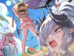  3girls absurdres ahoge arms_up baseball_bat beach beach_umbrella black_bow black_halo black_horns blindfold blindfold_lift blonde_hair blue_archive bow bow_hairband braid buried cloud commentary covering_own_mouth crime_prevention_buzzer crocs day demon_girl demon_horns demon_tail demon_wings food from_below fruit furrowed_brow grey_hair hair_between_eyes hair_over_one_eye hairband halo hat high_ponytail highres holding holding_baseball_bat horns ibuki_(blue_archive) ibuki_(swimsuit)_(blue_archive) imminent_attack iroha_(blue_archive) iroha_(swimsuit)_(blue_archive) kunku_(youn4431) long_hair makoto_(blue_archive) makoto_(swimsuit)_(blue_archive) multiple_girls necktie ocean official_alternate_costume official_alternate_hairstyle one-piece_swimsuit open_mouth outdoors pink_one-piece_swimsuit pointy_ears polka_dot ponytail purple_halo red_hair red_halo sand sandals scared scrunchie sky suikawari sun sun_hat sweatdrop swimsuit tail triangle_mouth twin_braids umbrella untranslatable_commentary v-shaped_eyebrows very_long_hair watermelon white_scrunchie wings worried yellow_halo 