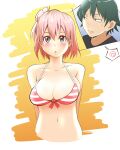  ! 1boy 1girl :o arms_behind_back bikini blue_eyes blush breasts cleavage collarbone commentary_request front-tie_bikini_top front-tie_top green_hair hair_bun hikigaya_hachiman komado_riru large_breasts looking_at_viewer looking_to_the_side multicolored_bikini navel official_alternate_costume pink_hair red_bikini short_hair single_hair_bun single_side_bun striped_bikini striped_clothes swimsuit two-tone_background two-tone_bikini upper_body white_background white_bikini yahari_ore_no_seishun_lovecome_wa_machigatteiru. yellow_background yuigahama_yui 