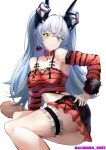  1girl 9bit absurdres bare_shoulders black_horns black_shirt black_skirt blue_eyes breasts collarbone commentary crossed_bangs detached_collar detached_sleeves frilled_thigh_strap grey_hair hair_between_eyes heterochromia highres horns lindverne_sunbringer long_hair looking_at_viewer mechanical_horns medium_breasts midriff navel official_alternate_costume red_shirt shirt simple_background skirt solo striped_clothes striped_shirt thigh_strap two-tone_shirt white_background yellow_eyes zenless_zone_zero 