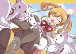  1girl :3 balloon blurry blurry_background blush boots brown_gloves brown_leggings capelet closed_eyes cloud commentary_request delraich66 fur-trimmed_capelet fur_trim gloves hair_tie highres kyubey leggings letterboxed magical_girl mahou_shoujo_madoka_magica mahou_shoujo_madoka_magica:_walpurgis_no_kaiten medium_hair multicolored_capelet multicolored_skirt multiple_others needle open_mouth orange_hair outside_border petting pink_capelet red_eyes red_ribbon ribbon selema_terez sewing_needle sewing_pin shoes sitting skirt sky smile twintails yellow_boots yellow_capelet 