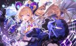  1girl absurdres arknights arknights:_endfield blue_dress blue_gloves breasts brown_hair cleavage commentary dress earrings gloves highres holding holding_microphone horns jewelry large_breasts liino_(arknights) long_hair long_sleeves microphone offering_hand open_mouth partially_fingerless_gloves pointy_ears ponytail purple_eyes shrug_(clothing) solo star-shaped_pupils star_(symbol) symbol-shaped_pupils tail tot-to white_shrug 