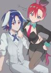  1boy 1girl amate_yuzuriha animal_ears aqua_eyes artist_name blue_hair breasts cleavage closed_mouth collared_shirt colored_inner_hair commentary_request crop_top cropped_shirt ekn_gq fake_animal_ears gundam gundam_gquuuuuux high_heels highres long_sleeves looking_at_viewer midriff multicolored_hair necktie pants pantyhose purple_hair rabbit_ears rabbit_girl rabbit_tail red_eyes red_hair shirt short_hair shorts shuji_ito smile tail tailcoat_playboy_bunny twitter_username two-tone_hair vest white_shirt 