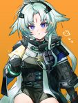  1girl animal_ears arcane_(arknights) arknights arknights:_endfield bird_ears bird_girl black_gloves black_jacket blue_eyes blush breasts commentary facial_mark food gloves green_hair highres holding holding_food jacket kanisakiclub long_hair looking_at_viewer orange_background solo sparkle 