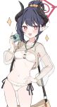  1girl :d azuki_(az_my) bikini black_hair black_horns blue_archive blush breasts camera chiaki_(blue_archive) chiaki_(swimsuit)_(blue_archive) commentary_request cowboy_shot demon_horns fishnet_shrug hair_bun halo hand_on_own_hip highres holding holding_camera horns long_hair looking_at_viewer medium_breasts navel o-ring o-ring_bikini official_alternate_costume official_alternate_hairstyle open_mouth pointy_ears red_eyes red_halo see-through_clothes see-through_shrug shrug_(clothing) side-tie_bikini_bottom simple_background smile solo sparkle sparkling_eyes swimsuit white_background white_bikini 