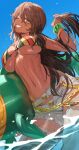  1girl absurdres andromeda_(fate) andromeda_(second_ascension)_(fate) bare_shoulders bikini bikini_under_clothes blush bracelet braid breasts brown_hair chain chorogon cleavage commentary_request criss-cross_halter cross-laced_clothes crown_braid dark-skinned_female dark_skin denim fate/grand_order fate_(series) green_eyes grey_pants grin halterneck highleg highleg_bikini highres inflatable_toy jeans jewelry large_breasts long_hair looking_at_viewer multicolored_bikini navel one_eye_closed pants rainbow_bikini sidelocks smile swimsuit thighs wading water 