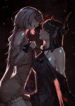  2girls absurdres after_kiss alternate_costume asymmetrical_horns aura black_background black_flower black_hair black_horns black_sweater breasts clothing_cutout commentary demon_horns dress eye_contact face-to-face falling_petals flower from_side grey_hair grey_sweater hair_ornament highres hololive hololive_english horn_flower horns large_breasts long_hair long_sleeves looking_at_another mole mole_under_eye multicolored_hair multiple_girls nerissa_ravencroft open_mouth parted_lips petals profile pulling_another's_clothes red_eyes saliva saliva_trail shiny_skin shiori_novella shoulder_cutout sitting streaked_hair sweater sweater_dress tablicoart tassel tassel_hair_ornament uneven_horns very_long_hair virtual_youtuber yellow_eyes yuri 