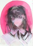  1girl abstract akemi_homura akemi_homura_(magical_girl) black_collar black_eyes black_hair bow bowtie collar commentary_request dress facing_viewer halo headband highres iskelly231764 long_hair looking_at_viewer loose_hair_strand magical_girl mahou_shoujo_madoka_magica mahou_shoujo_madoka_magica_(anime) painting_(medium) parted_bangs pink_halo portrait purple_bow purple_bowtie solo traditional_media two-tone_background watercolor_(medium) white_background white_dress 