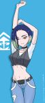  1girl absurdres armband arms_up black_armband black_choker blue_hair bob_cut breasts brown_eyes camera choker collarbone commentary_request crop_top denim gradient_hair grey_shirt highres jeans lipstick loose_hair_strand makeup midriff multicolored_hair off-shoulder_shirt off_shoulder otamajack pants perrin_(pokemon) pokemon pokemon_scarlet_and_violet ribbed_shirt shirt short_hair sleeveless sleeveless_shirt stretching undershirt v-neck watch wristwatch 