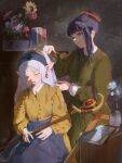  2girls absurdres apron book brushing_hair commentary dress elf fern_(sousou_no_frieren) flower frieren green_dress highres holding holding_staff jewelry jsebaxx long_sleeves mage_staff multiple_girls pointy_ears purple_apron purple_hair shelf sleeping sousou_no_frieren staff waist_apron white_hair yellow_dress 
