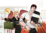  2boys bag beard blonde_hair boku_no_hero_academia box_stack burn_scar carrying_bag casual chest_hair earrings endeavor_(boku_no_hero_academia) facial_hair facial_mark feathered_wings flamecockforhwk goatee hawks_(boku_no_hero_academia) highres implied_yaoi jewelry locked_arms logo looking_at_another mature_male multiple_boys muscular muscular_male mustache partially_unbuttoned pectoral_cleavage pectorals pointing_to_the_side product_placement red_feathers red_hair ring round_eyewear scar scar_across_eye scar_on_cheek scar_on_face scar_on_mouth shoebox shopping_bag short_hair sideburns size_difference spiked_hair spoken_food stubble stud_earrings sunglasses twitter_username unbuttoned unbuttoned_shirt underpec very_short_hair wedding_band wings 