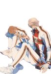  2boys arm_on_knee bandaged_hand bandages black_trim blue_eyes box brown_hair chinese_commentary collared_shirt commentary_request expressionless facing_another facing_away fingernails fuji_syusuke full_body gift gift_box hair_over_one_eye hand_up head_on_own_knee high_collar highres holding_hands hunched_over jacket knees_to_chest light_blush long_sleeves looking_at_another male_focus multiple_boys negative_space open_clothes open_jacket pants polo_shirt red_shirt red_trim shiraishi_kuranosuke shirt shoes short_hair side-by-side simple_background sitting sneakers syusuke0229 tennis_no_ouji-sama track_jacket track_pants track_suit unusually_open_eyes white_background white_jacket white_pants white_shoes white_track_suit yaoi 