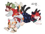  >_< =_= ^_^ all_fours animal_ear_piercing bell black_dress braid brown_hair c0sse calico_(pattern) cat_girl cat_tail chen closed_eyes commentary_request dress full_body goutokuji_mike green_hat hat highres kaenbyou_rin korean_commentary medium_hair mob_cap multicolored_hair multiple_tails neck_bell nyan_clan_of_gensokyo_(touhou) open_mouth red_dress red_hair shorts side_braids simple_background streaked_hair tail touhou translation_request twin_braids two_tails white_background white_hair white_shorts 