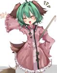  :3 :d ahoge animal_ears broom brown_dress closed_eyes dog_ears dog_girl dog_tail dress fang frilled_dress frills green_hair hair_intakes highres kasodani_kyouko long_sleeves minoru_0110 open_mouth short_hair simple_background smile tail touhou white_background 