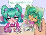  1girl artist_name blush candy commentary comparison embarrassed english_commentary fangs food green_eyes green_hair hair_between_eyes hair_ornament highres holding large_ears league_of_legends lollipop lollipoppy long_sleeves looking_to_the_side lv_ya photo_(object) pointy_ears poppy_(league) scarf short_hair solo_focus sweat teeth twintails what yordle 