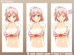  1girl :o arms_behind_back bikini blue_eyes blush breasts character_name cleavage closed_eyes closed_mouth collarbone commentary_request copyright_name front-tie_bikini_top front-tie_top grin hair_bun heart komado_riru large_breasts looking_at_viewer looking_to_the_side multicolored_bikini multiple_views navel official_alternate_costume orange_hair red_bikini short_hair single_hair_bun single_side_bun smile spoken_heart striped_bikini striped_clothes swimsuit two-tone_bikini upper_body v-shaped_eyebrows white_bikini yahari_ore_no_seishun_lovecome_wa_machigatteiru. yuigahama_yui 