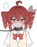  ... 1girl blush closed_mouth collar hair_between_eyes hair_ornament highres kasane_teto kasane_teto_(sv) leash short_sleeves simple_background speech_bubble spoken_ellipsis synthesizer_v utau zunda_drop 