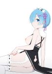  1girl ass ass_cutout ass_peek bare_shoulders black_dress blue_eyes blue_hair breast_cutouts breasts butt_crack cleavage_cutout closed_mouth clothing_cutout dress ecjhonny89 english_commentary eyes_visible_through_hair from_behind garter_belt garter_straps hair_ornament hair_over_one_eye hair_ribbon hand_on_own_thigh highres large_breasts looking_at_viewer looking_back maid_headdress nipples no_bra no_panties one_eye_covered pink_ribbon re:zero_kara_hajimeru_isekai_seikatsu rem_(re:zero) ribbon roswaal_mansion_maid_uniform short_hair shoulder_blades simple_background sitting smile solo thighhighs white_background white_garter_belt white_garter_straps white_thighhighs x_hair_ornament 