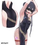  1girl absurdres armpits arms_up ball_gag bdsm black_hair blindfold blue_archive blue_eyes bondage bound bound_thighs bound_wrists breasts chinese_clothes commentary covered_nipples dragon_print dress english_commentary gag gagged hair_bun highres kisaki_(blue_archive) multiple_views print_dress qipao remote_control_vibrator saliva sex_toy shibari short_hair_with_long_locks small_breasts sweat tetsuffy_(tetsulul) twitter_username vibrator 