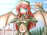  1girl abs beret blue_eyes bow bra braid claws colored_skin dragon_girl fangs granberia green_bow green_bra green_skin hair_bow hat hat_ornament hong_meiling long_hair mon-musu_quest! monster_girl panties red_hair scales scarlet_devil_mansion shirosato side_braid simple_background solo speech_bubble star_(symbol) star_hat_ornament touhou twin_braids underwear white_background 