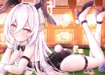  absurdres alternate_costume animal_ear_hairband animal_ears anklet armband ashiro_(ashiro52463) ass black_bow black_bowtie black_hairband black_leotard blue_archive bow bowtie breasts card carrot_hair_ornament casino commentary_request detached_collar double-parted_bangs fake_animal_ears fake_tail food-themed_hair_ornament hair_between_eyes hair_ornament hairband half_updo halo hand_on_own_face high_heels highleg highleg_leotard highres jewelry kei_(blue_archive) leotard light_blush long_hair_between_eyes looking_at_viewer loosely_tucked_bangs lying on_stomach partial_commentary pink_eyes pink_halo playboy_bunny playing_card poker_chip poker_table rabbit_ear_hairband rabbit_ears rabbit_tail rectangular_halo ringed_eyes small_breasts strapless strapless_leotard table tail thigh_strap traditional_bowtie white_hair white_wrist_cuffs wrist_cuffs 