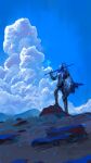 1other absurdres ambiguous_gender armor asaki_(asaki_vision) blue_cape blue_sky cape cloud commentary_request cuirass cuisses day english_commentary fairy faulds floating_cape full_armor full_body gauntlets greaves helm helmet highres holding holding_shield holding_sword holding_weapon knight long_sword mixed-language_commentary original outdoors over_shoulder pauldrons plate_armor plume poleyn rerebrace rock sabaton shield shoulder_armor simple_bird sky standing sword sword_over_shoulder uneven_footing visor_(armor) weapon weapon_over_shoulder 